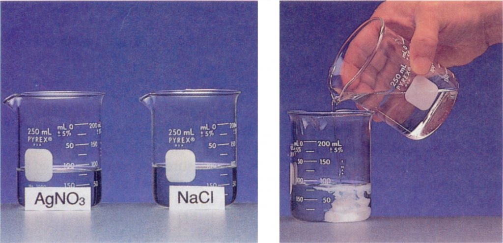 تفاعل محلول الكلوريد مع محلول نيترات الفضة (نترات الفضة)