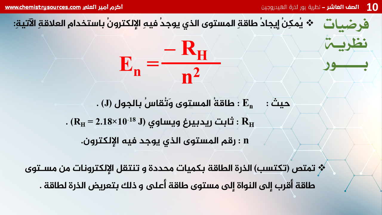 شرائح بوربوينت الكيمياء للصف العاشر Chemistry PowerPoint 10th grade الفصل الأول نظرية بور لذرة الهيدروجين